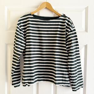 Boden Stripes Green White Button Detail Sweatshirt Size‎ Medium Cotton Relaxed